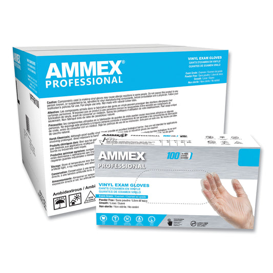 AMMEX Professional Vinyl Exam Gloves, Powder-Free, Medium, Clear, 100/Box (AXCVPF64100)