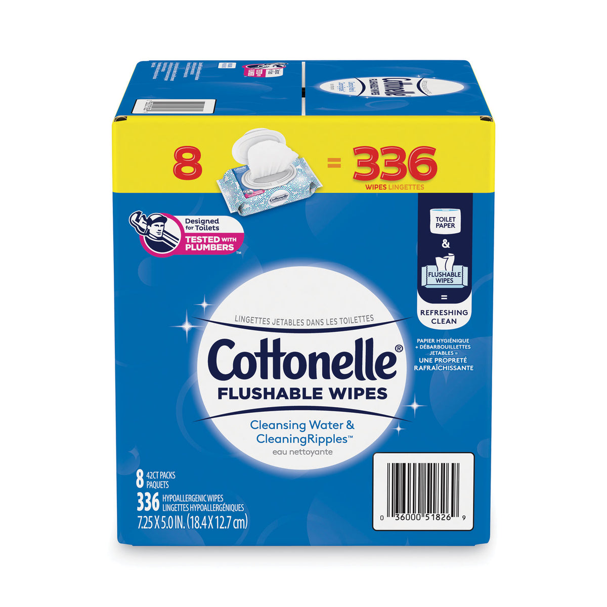 Cottonelle Flushable Wet Wipes, Flip-Top Pack, 5 x 7.25, White, 42 Sheets/Pack, 8 Packs/Carton (KCC51826)