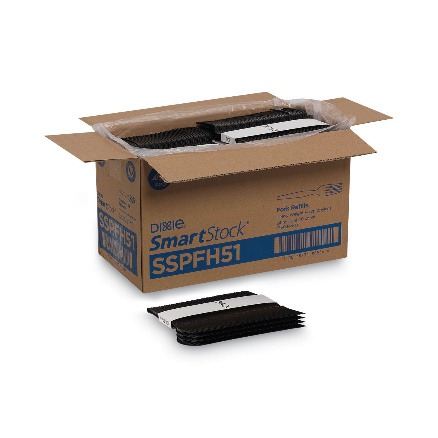 Dixie SmartStock Plastic Cutlery Refill, Forks, 6", Series-O Heavyweight, Black, 40/Pack, 24 Packs/Carton (DXESSPFH51)