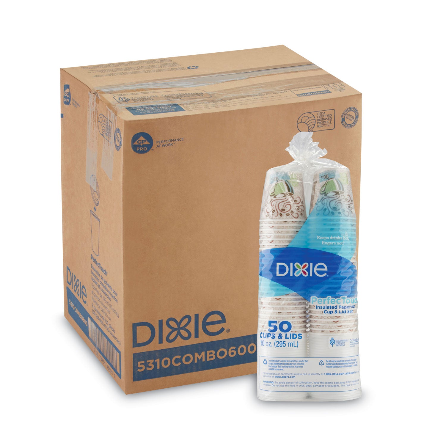 Dixie PerfecTouch Paper Hot Cups and Lids Combo, 10 oz, Multicolor, 50 Cups/Lids/Pack, 6 Packs/Carton (DXE5310CMB600CT)