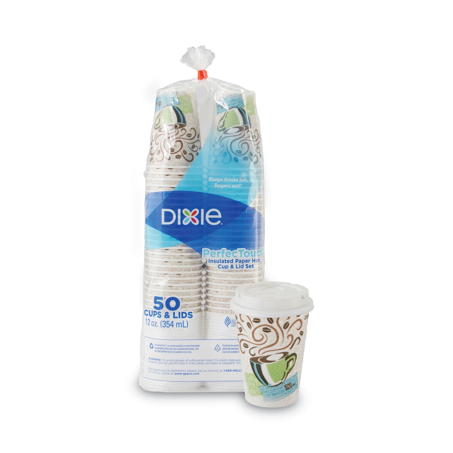 Dixie PerfecTouch Paper Hot Cups and Lids Combo, 12 oz, Multicolor, 50 Cups/Lids/Pack (DXE5342COMBO600)