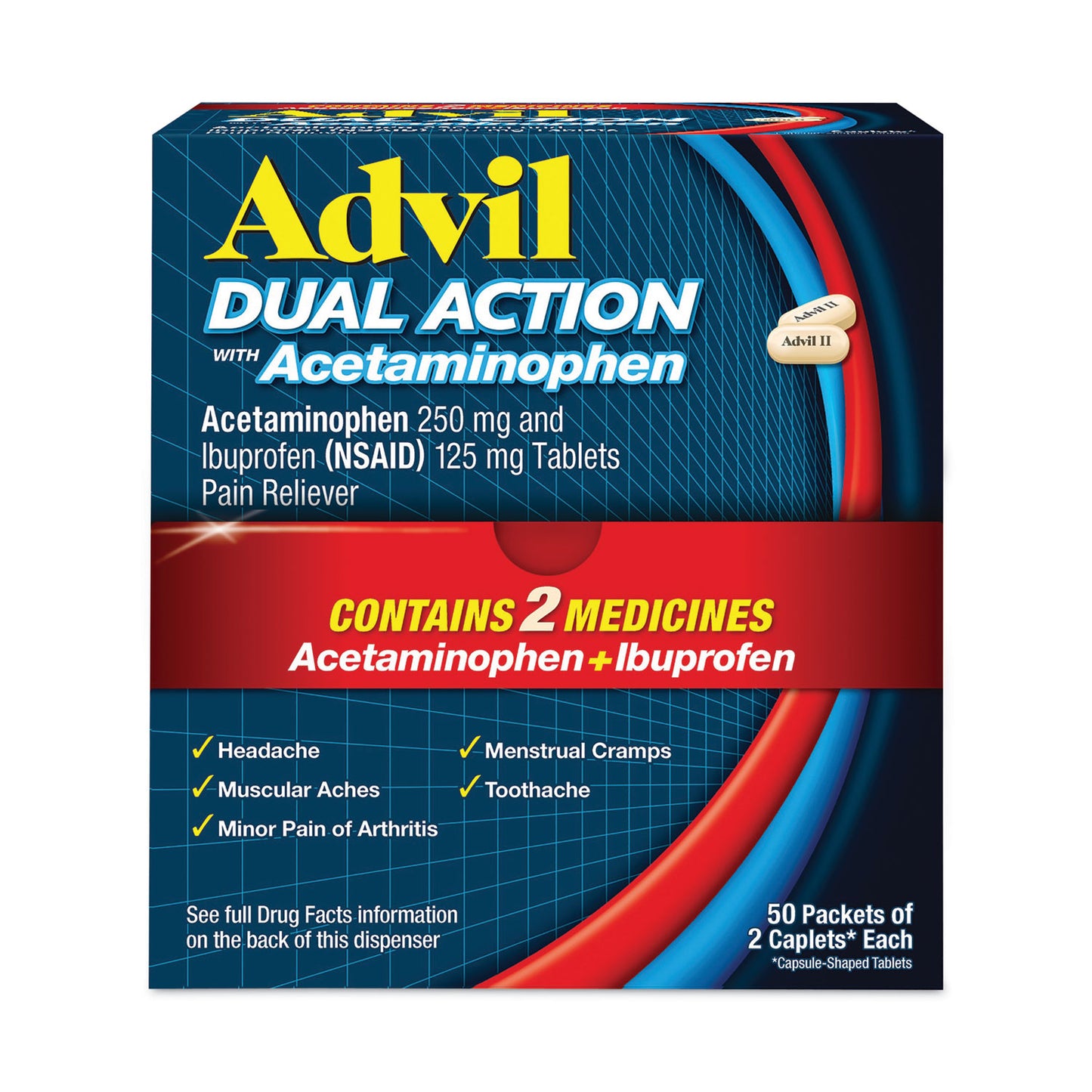 Advil Dual Action with Acetaminophen and Ibuprofen Caplets, 50 Packets of 2 Caplets (AVL014795)