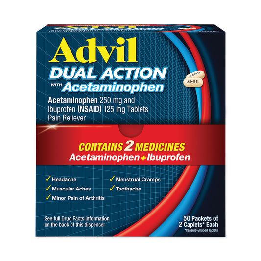 Advil Dual Action with Acetaminophen and Ibuprofen Caplets, 50 Packets of 2 Caplets (AVL014795)