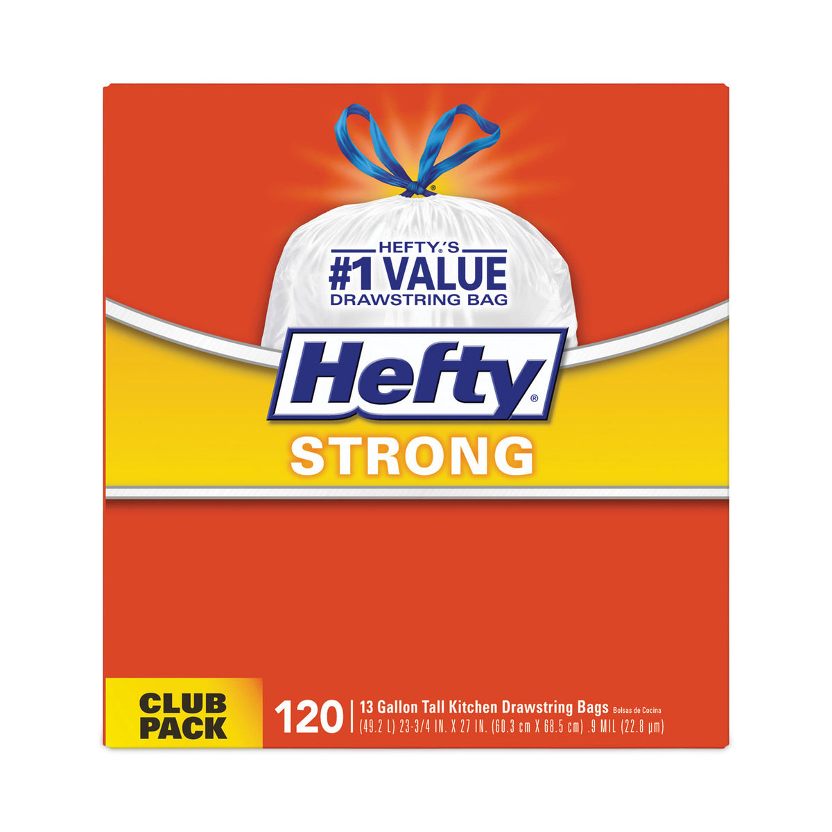 Hefty Strong Tall Kitchen Drawstring Bags, 13 gal, 23.75" x 27", White, 90/Box (RFPE84574)