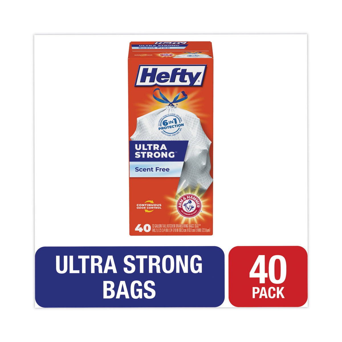 Hefty Extra Heavy-Duty Ultra Strong Tall Kitchen Trash Bags, Drawstring, 13 gal, 23.75" x 24.88", White, 40/Box (RFPE88338)