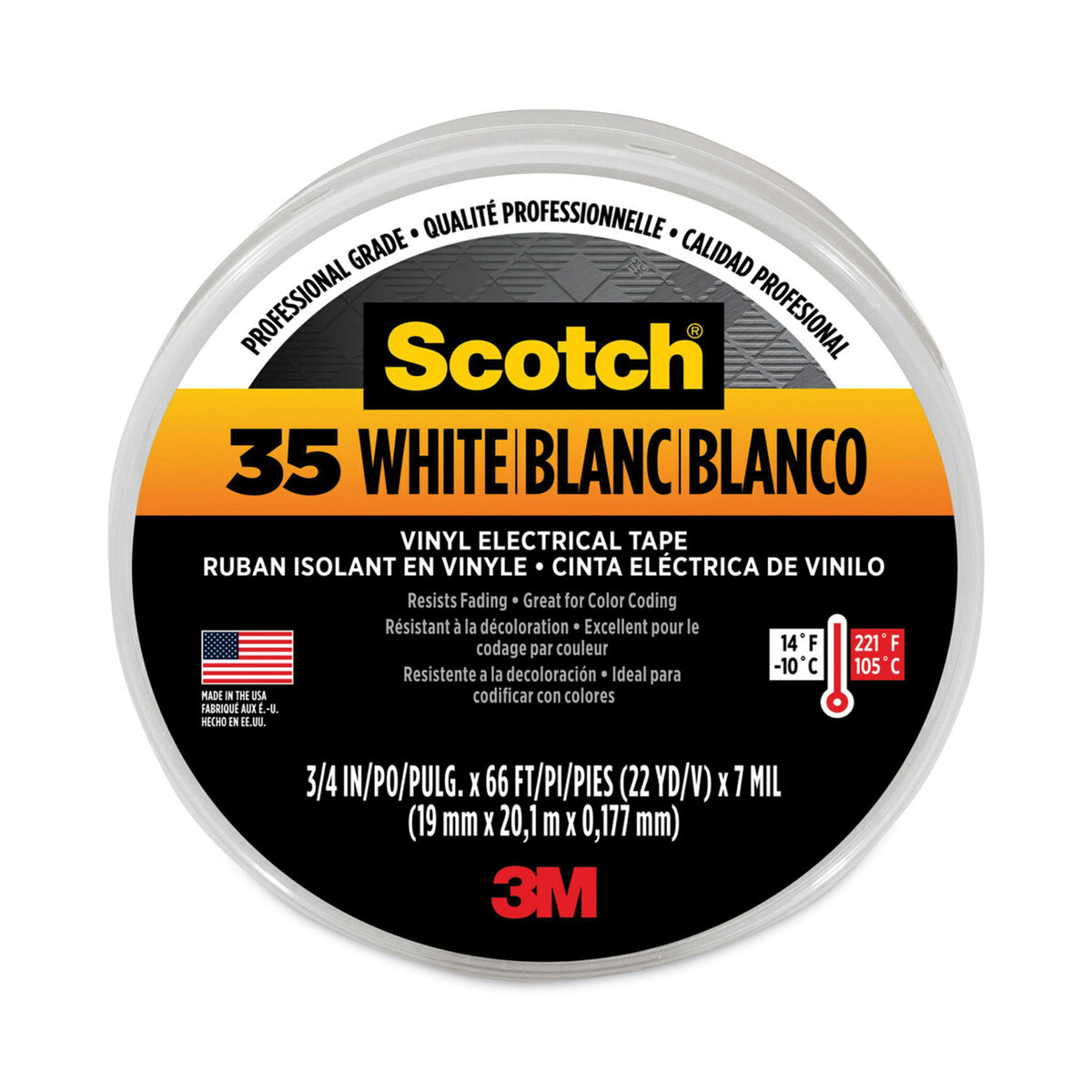 3M Scotch 35 Vinyl Electrical Color Coding Tape, 3" Core, 0.75" x 66 ft, White (MMM10828)