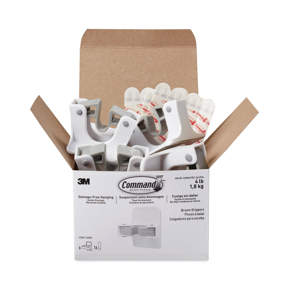 Command Broom Gripper, 3.12w x 1.85d x 3.34h, White/Gray, 6 Grippers/16 Strips/Pack (MMM17007S6NA)