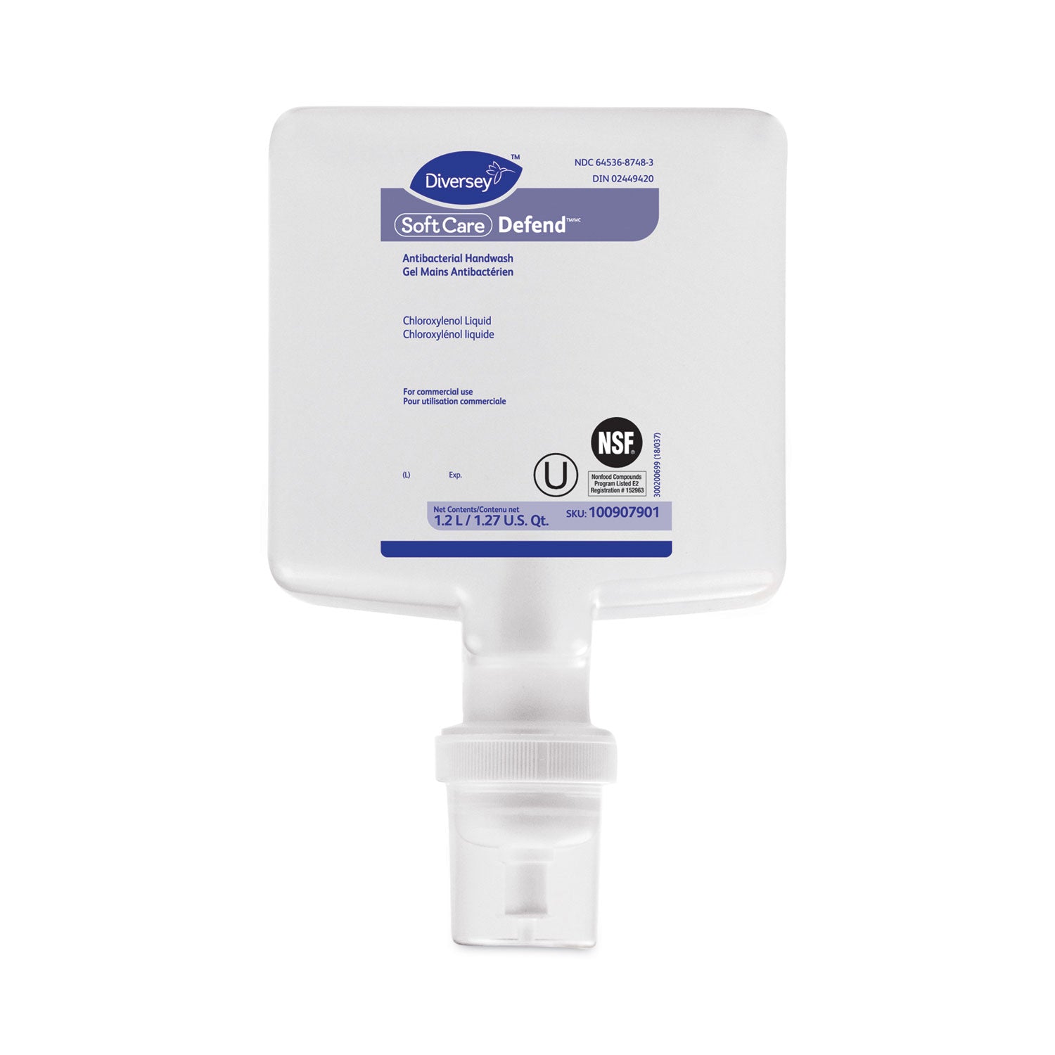 Diversey Soft Care Defend Handwash Refill for IntelliCare Dispensers, Fragrance-Free, 1.2 L, 6/Carton (DVO100907901)