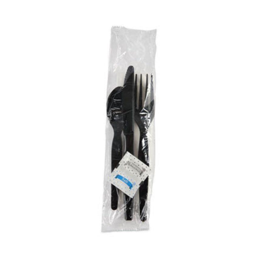 Boardwalk Six-Piece Cutlery Kit, Condiment/Fork/Knife/Napkin/Spoon, Heavyweight, Black, 250/Carton (BWKFKTNSHWPSBLA)