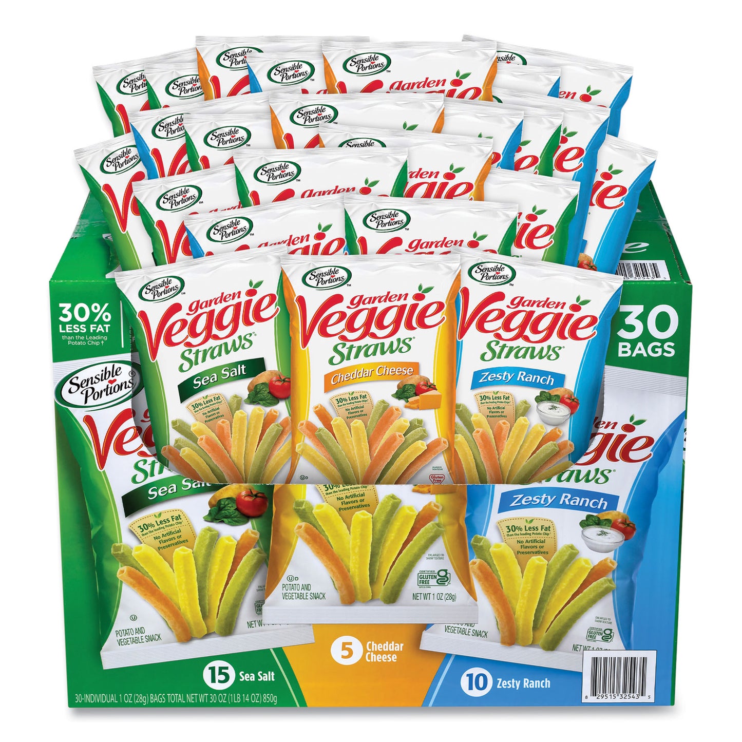 Sensible Portions Veggie Straws, Cheddar Cheese/Sea Salt/Zesty Ranch, 1 oz Bag, 30 Bags/Carton (GRR22000413)
