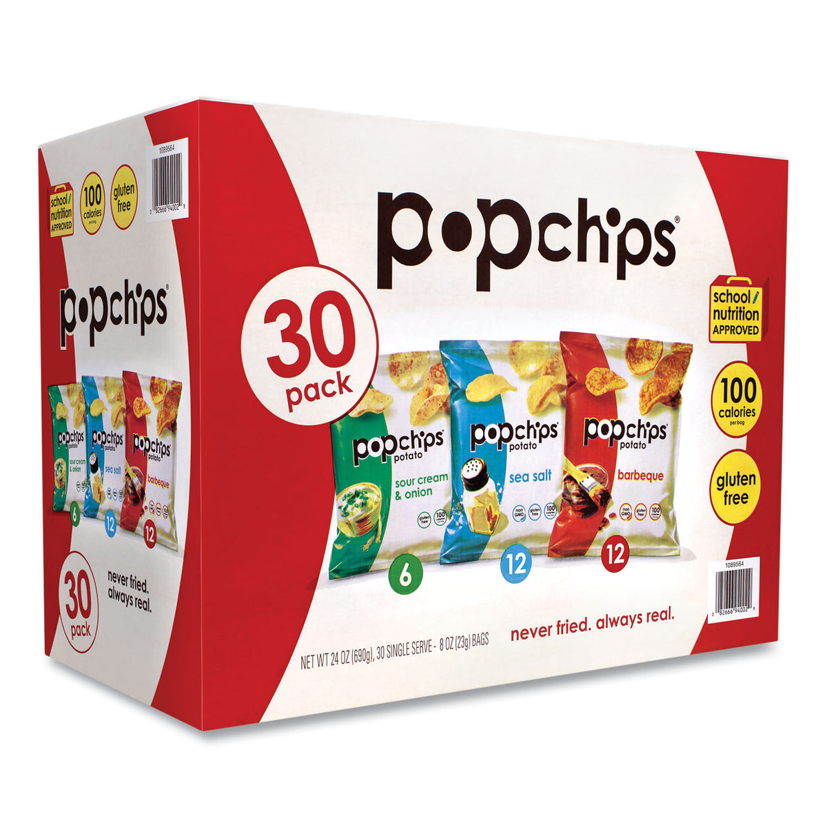popchips Potato Chips, Variety Pack, Barbeque, Sea Salt, Sour Cream and Onion, 0.8 oz Bag, 30/Pack (GRR22001998)