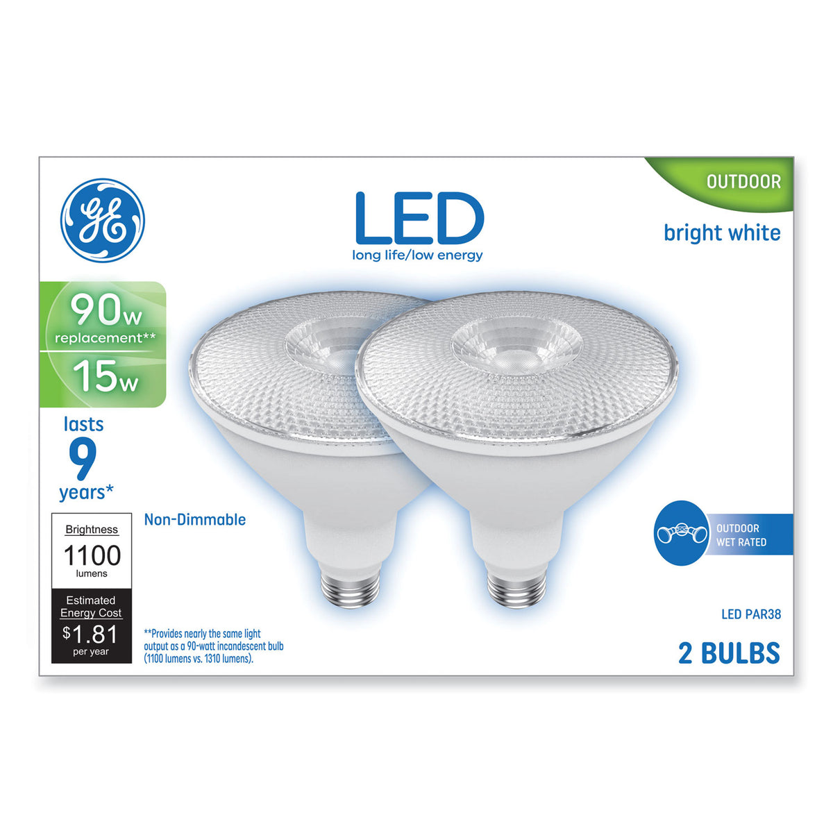 GE LED PAR38 Non-Dimmable Outdoor Flood Light Bulb, 15 W, Bright White, 2/Pack (GEL93129298)