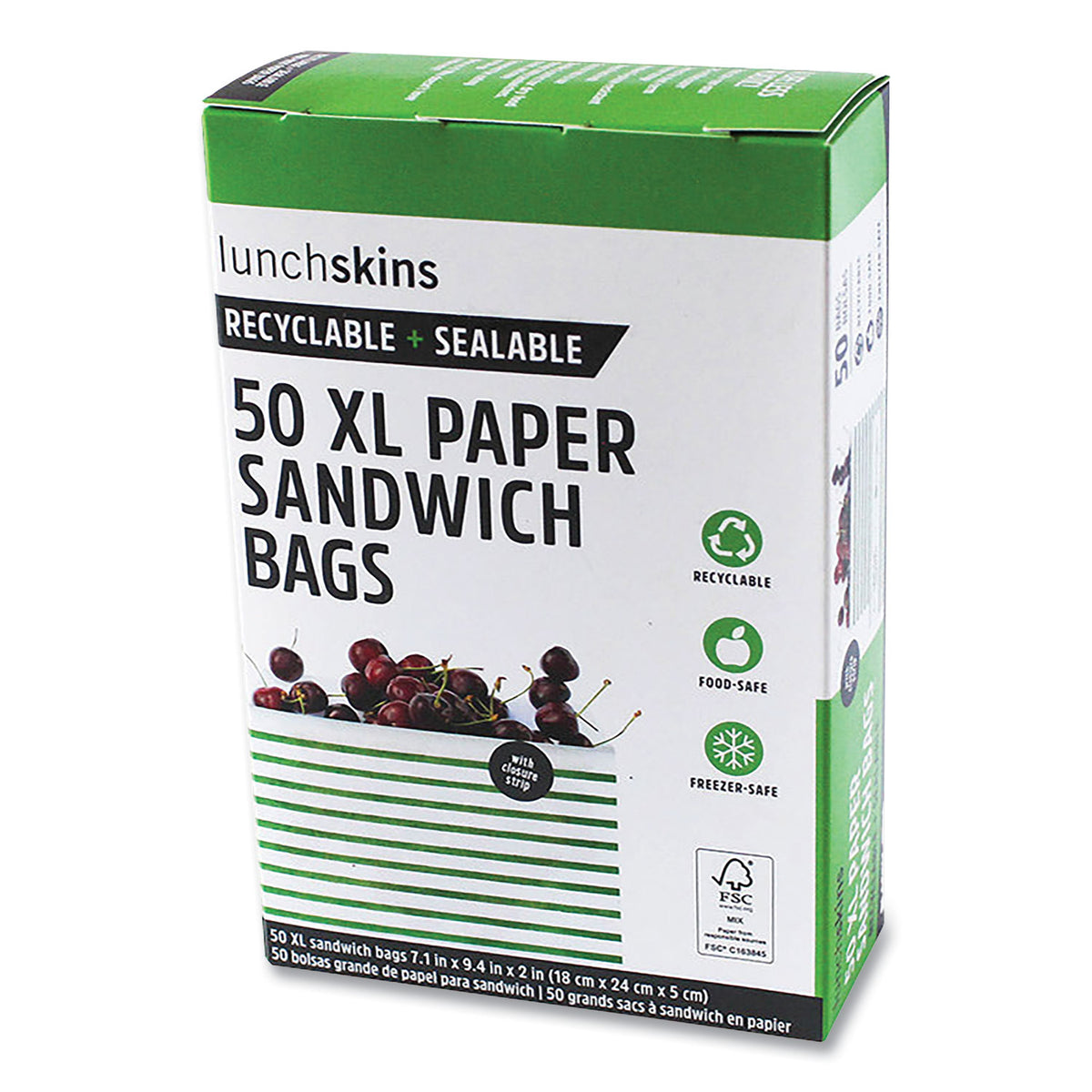 Lunchskins Paper Sandwich Bag, XL Sandwich, 7.1" x 2" x 9.4", Green Stripes/White, 50/Box (LCH865772000494)