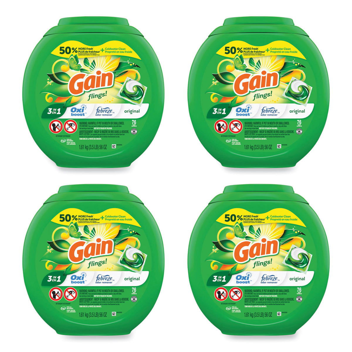 Gain Flings Detergent Pods, Original, 76 Pods/Tub, 4 Tubs/Carton (PGC09207CT)