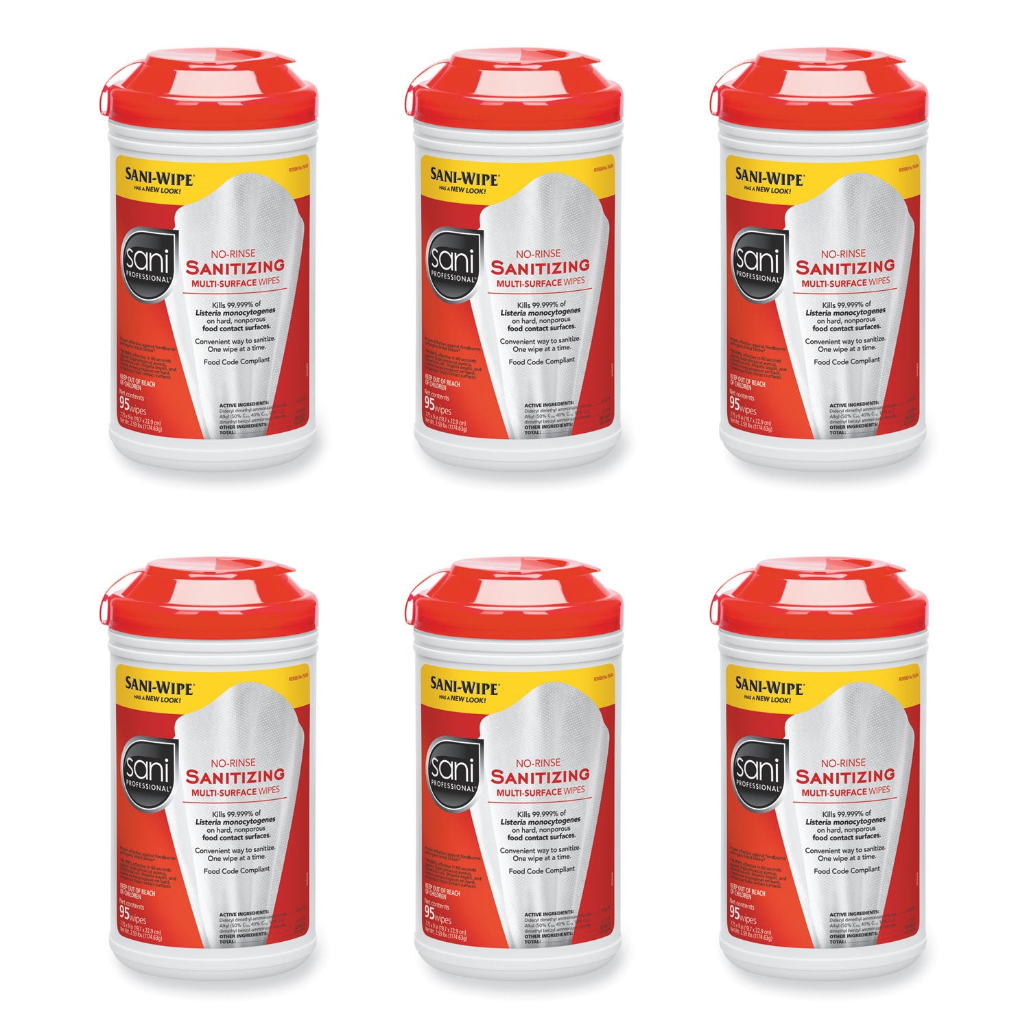 Sani Professional No-Rinse Sanitizing Multi-Surface Wipes, Unscented, White, 95/Container, 6/Carton (NICP56784)
