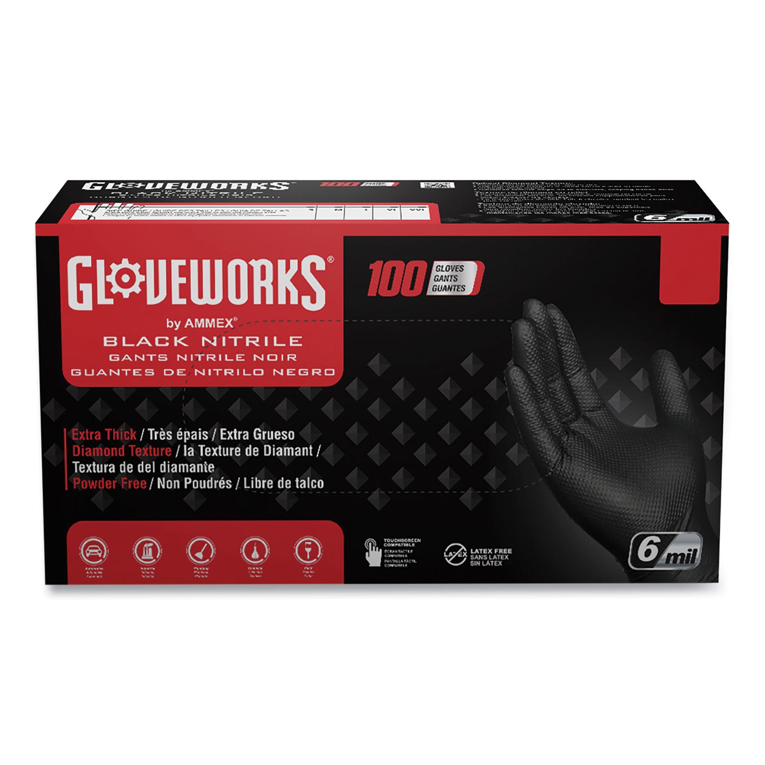 GloveWorks by AMMEX Heavy-Duty Industrial Nitrile Gloves, Powder-Free, 6 mil, Medium, Black, 100 Gloves/Box, 10 Boxes/Carton (AXCGWBN44100)