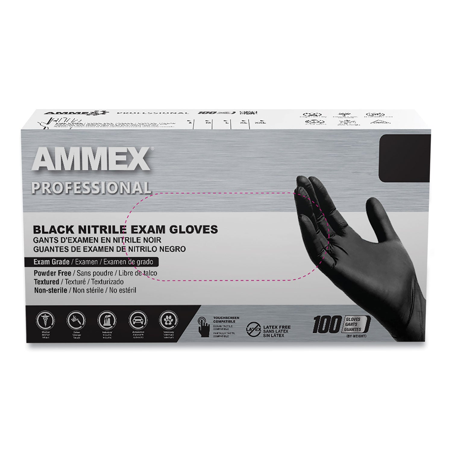 AMMEX Professional Nitrile Exam Gloves, Powder-Free, 3 mil, Medium, Black, 100/Box, 10 Boxes/Carton (AXCABNPF44100CT)