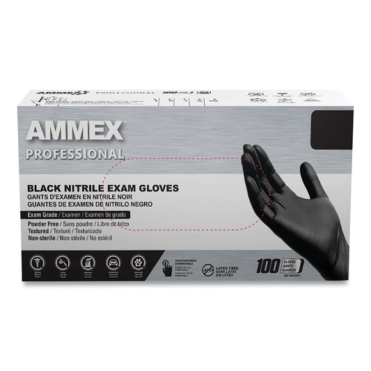 AMMEX Professional Nitrile Exam Gloves, Powder-Free, 3 mil, Large, Black, 100/Box, 10 Boxes/Carton (AXCABNPF46100CT)