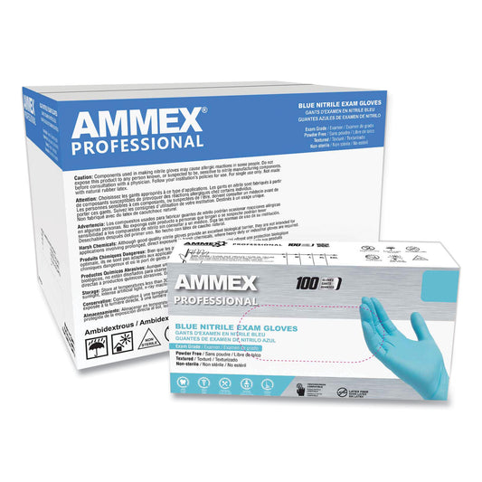 AMMEX Professional Nitrile Exam Gloves, Powder-Free, 3 mil, Large, Light Blue, 100/Box, 10 Boxes/Carton (AXCAPFN46100CT)