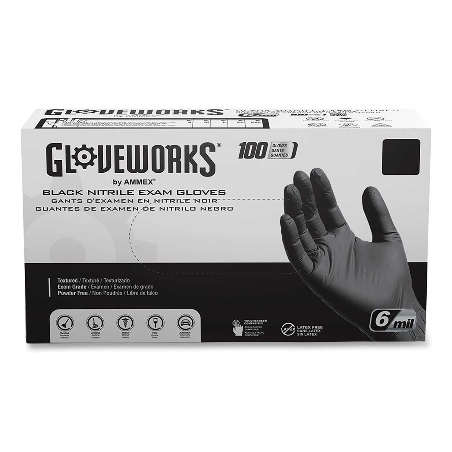GloveWorks by AMMEX Nitrile Exam Gloves, Powder-Free, 6 mil, X-Large, Black, 100 Gloves/Box, 10 Boxes/Carton (AXCGWBEN48100CT)