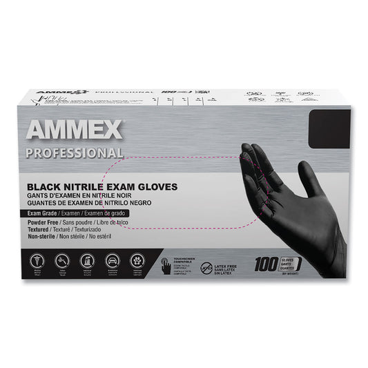 AMMEX Professional Nitrile Exam Gloves, Powder-Free, 3 mil, Small, Black, 100/Box, 10 Boxes/Carton (AXCABNPF42100)