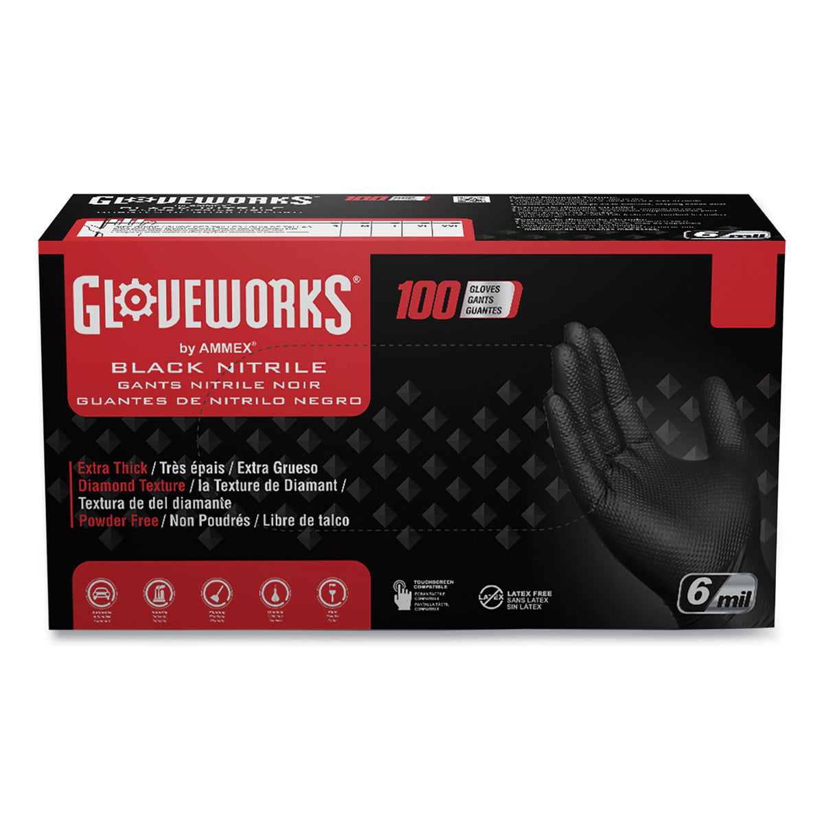 GloveWorks by AMMEX Heavy-Duty Industrial Nitrile Gloves, Powder-Free, 6 mil, X-Large, Black, 100 Gloves/Box, 10 Boxes/Carton (AXCGWBN48100)