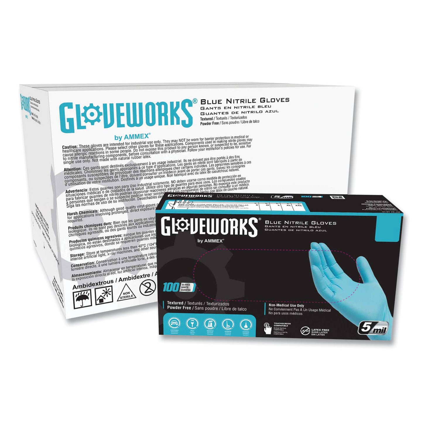 GloveWorks by AMMEX Industrial Nitrile Gloves, Powder-Free, 5 mil, Blue, X-Large, 100 Gloves/Box, 10 Boxes/Carton (AXCINPF48100)