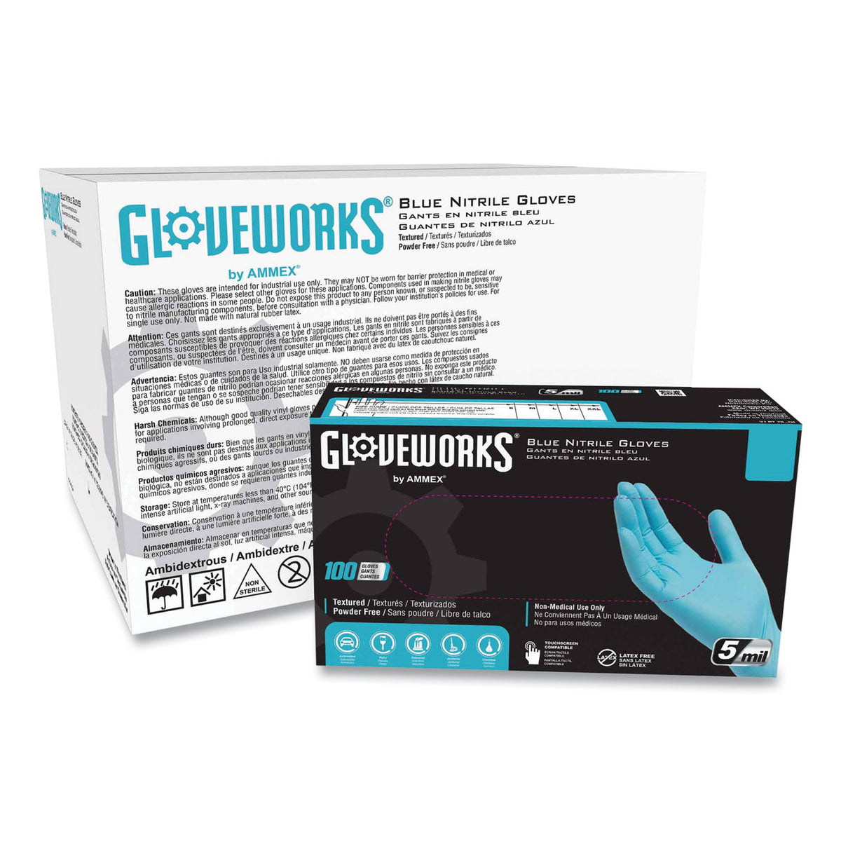 GloveWorks by AMMEX Industrial Nitrile Gloves, Powder-Free, 5 mil, Medium, Blue, 100/Box, 10 Boxes/Carton (AXCINPF44100)