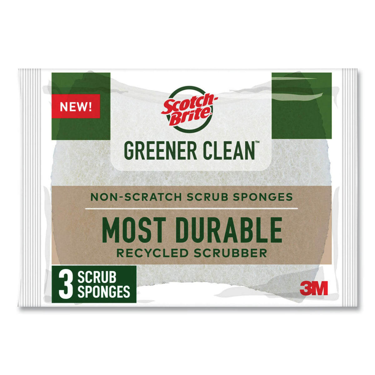 Scotch-Brite Greener Clean Non-Scratch Scrub Sponge, 2.6 x 3.3, 0.7" Thick, White, 3/Pack (MMM97033UG)