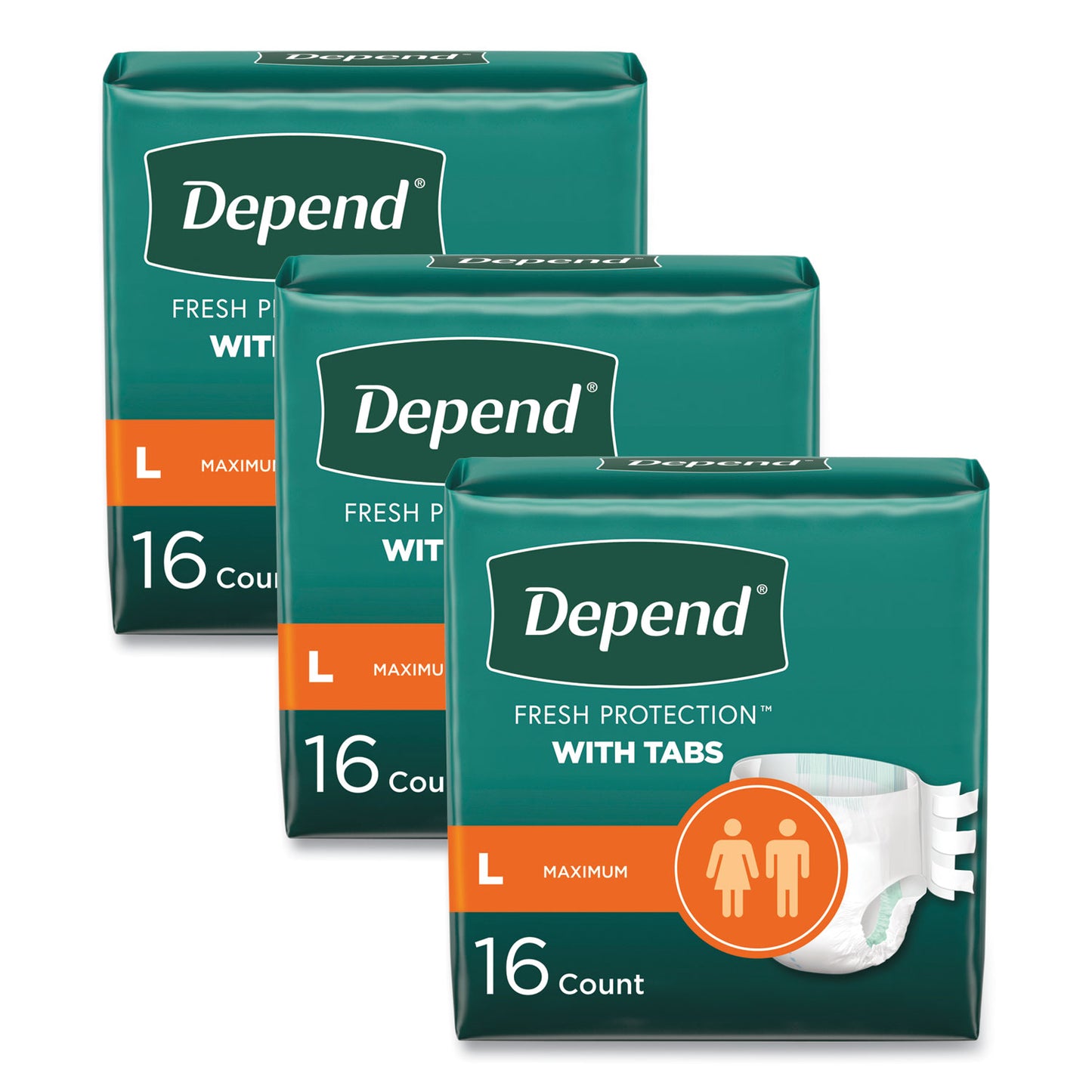 Depend Incontinence Protection with Tabs, 35" to 49" Waist, 16/Pack, 3 Packs/Carton (KCC35458)