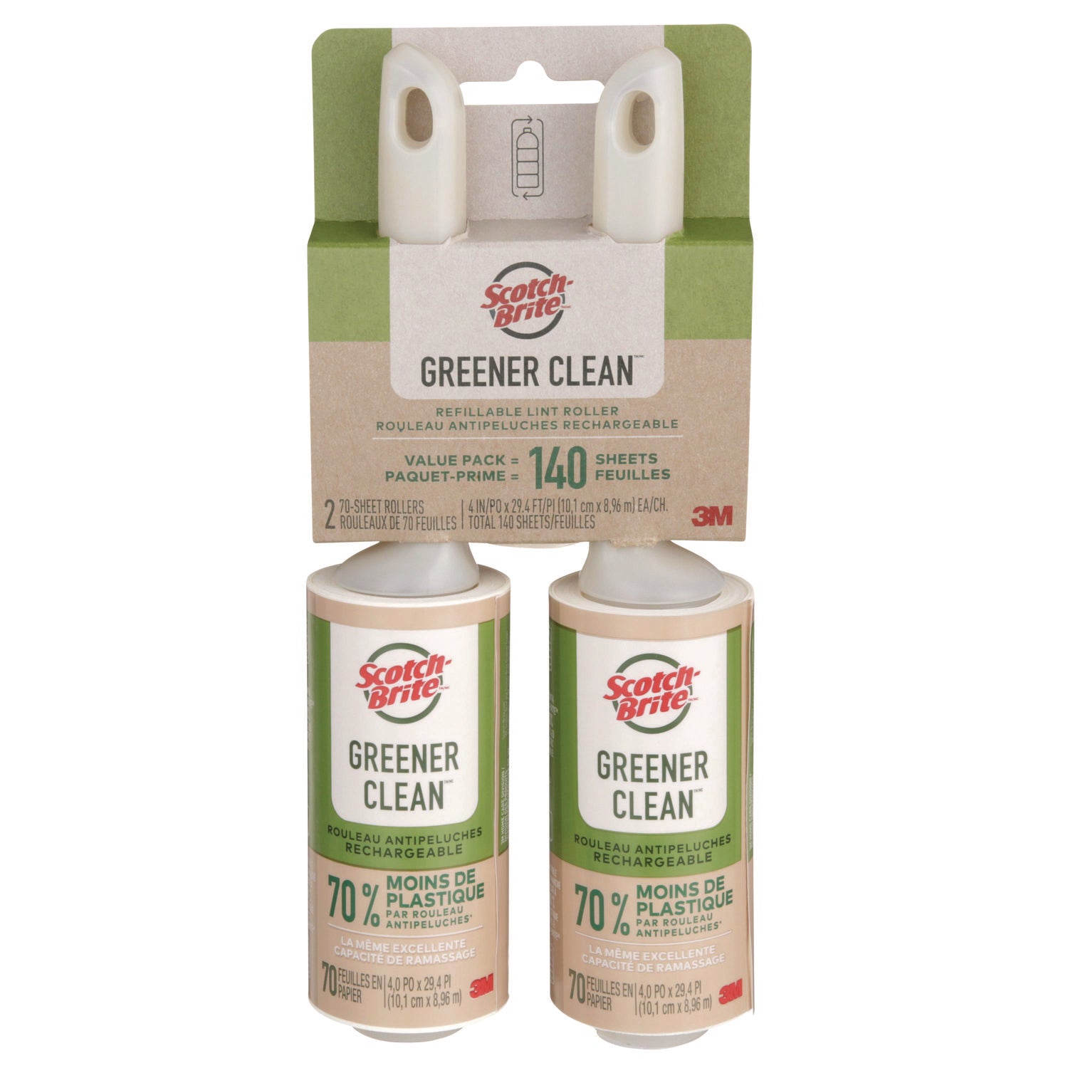 Scotch-Brite Greener Clean Lint Roller, 4" x 29.4 ft, 70 Sheets/Roller (MMM841RS70)