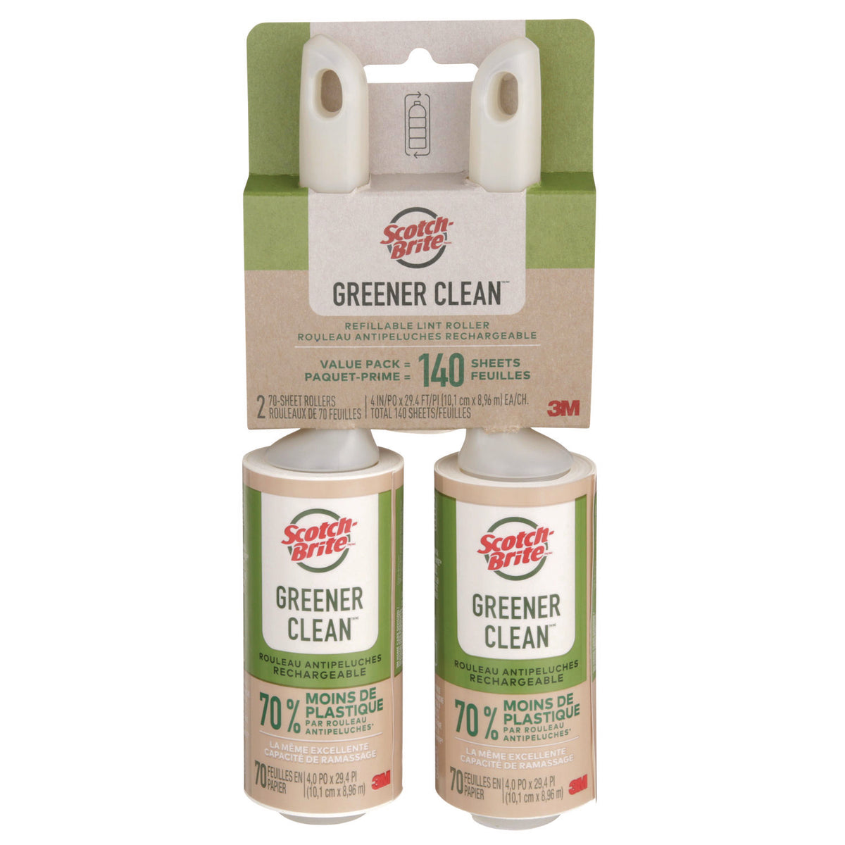 Scotch-Brite Greener Clean Lint Roller, 4" x 29.4 ft, 70 Sheets/Roller (MMM841RS70)