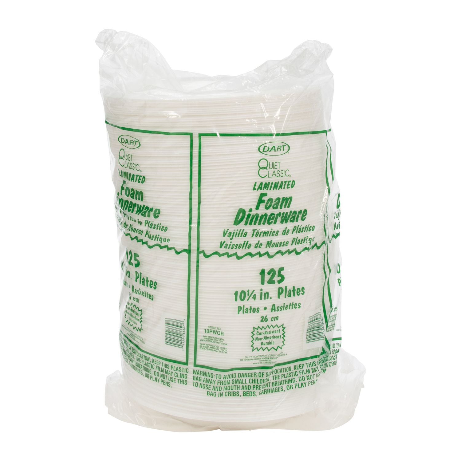 Dart Quiet Classic Laminated Foam Dinnerware, Plate, 10" dia, White, 500/Carton (DCC10PWQ)