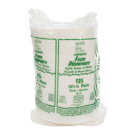 Dart Quiet Classic Laminated Foam Dinnerware, Plate, 10" dia, White, 500/Carton (DCC10PWQ)