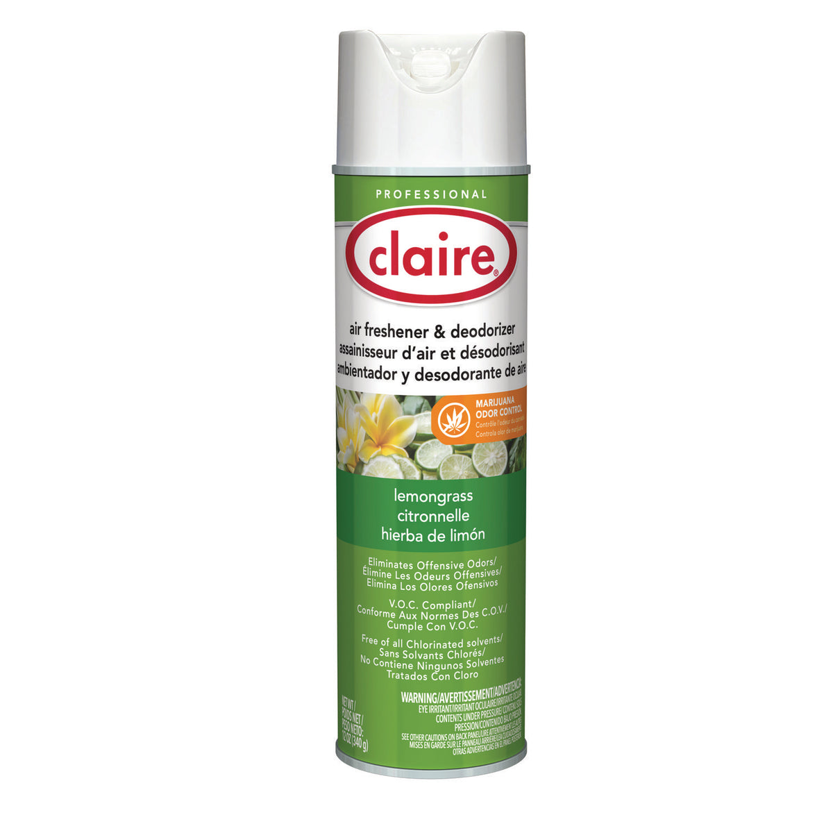 Claire Aerosol Air Freshener and Deodorizer, Lemongrass Citronella, 12 oz Aerosol Spray, 12 Cans (CGC1307)
