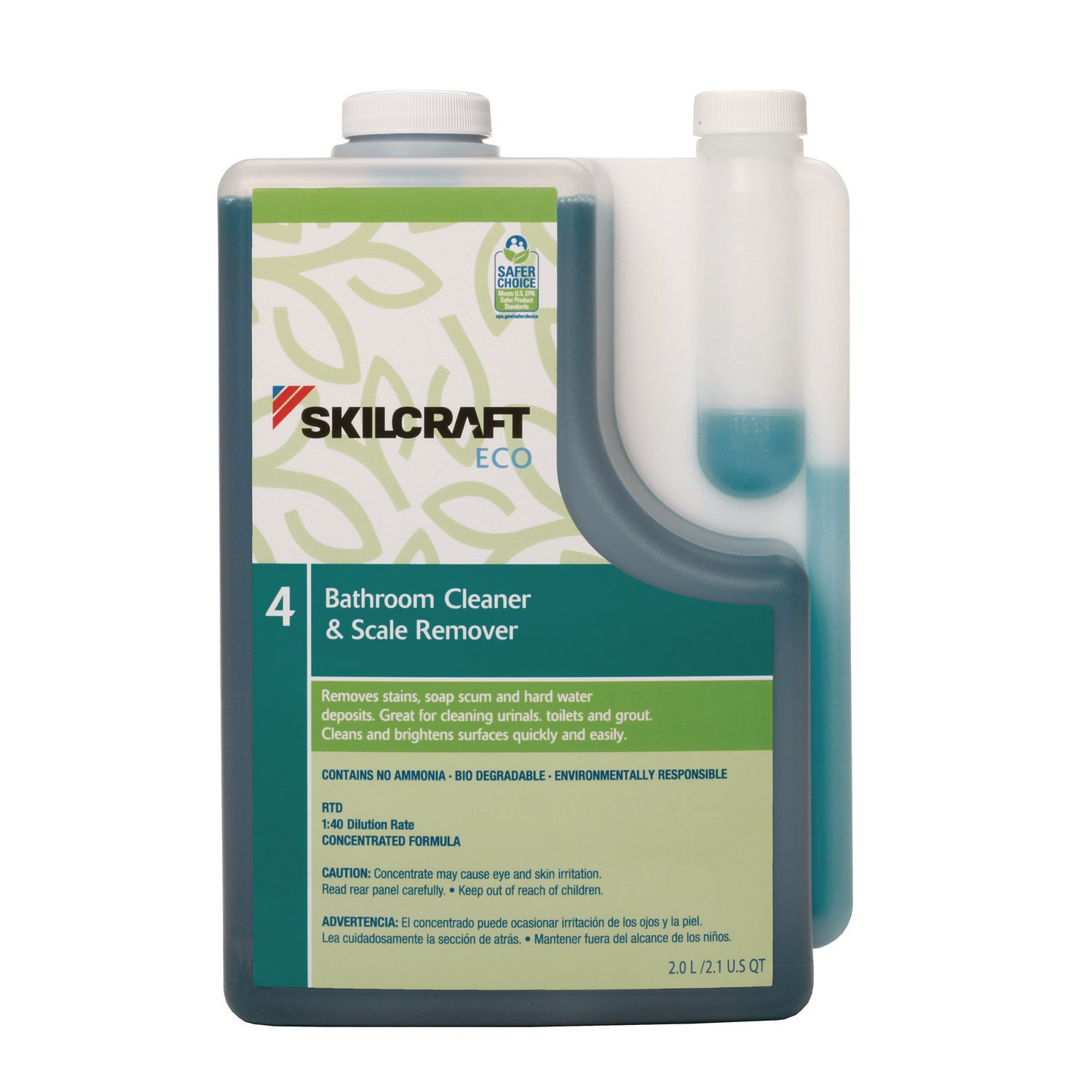 AbilityOne 7930017148379, SKILCRAFT ECO Bathroom Cleaner and Scale Remover Concentrate, 2 L Bottle, 4/Pack