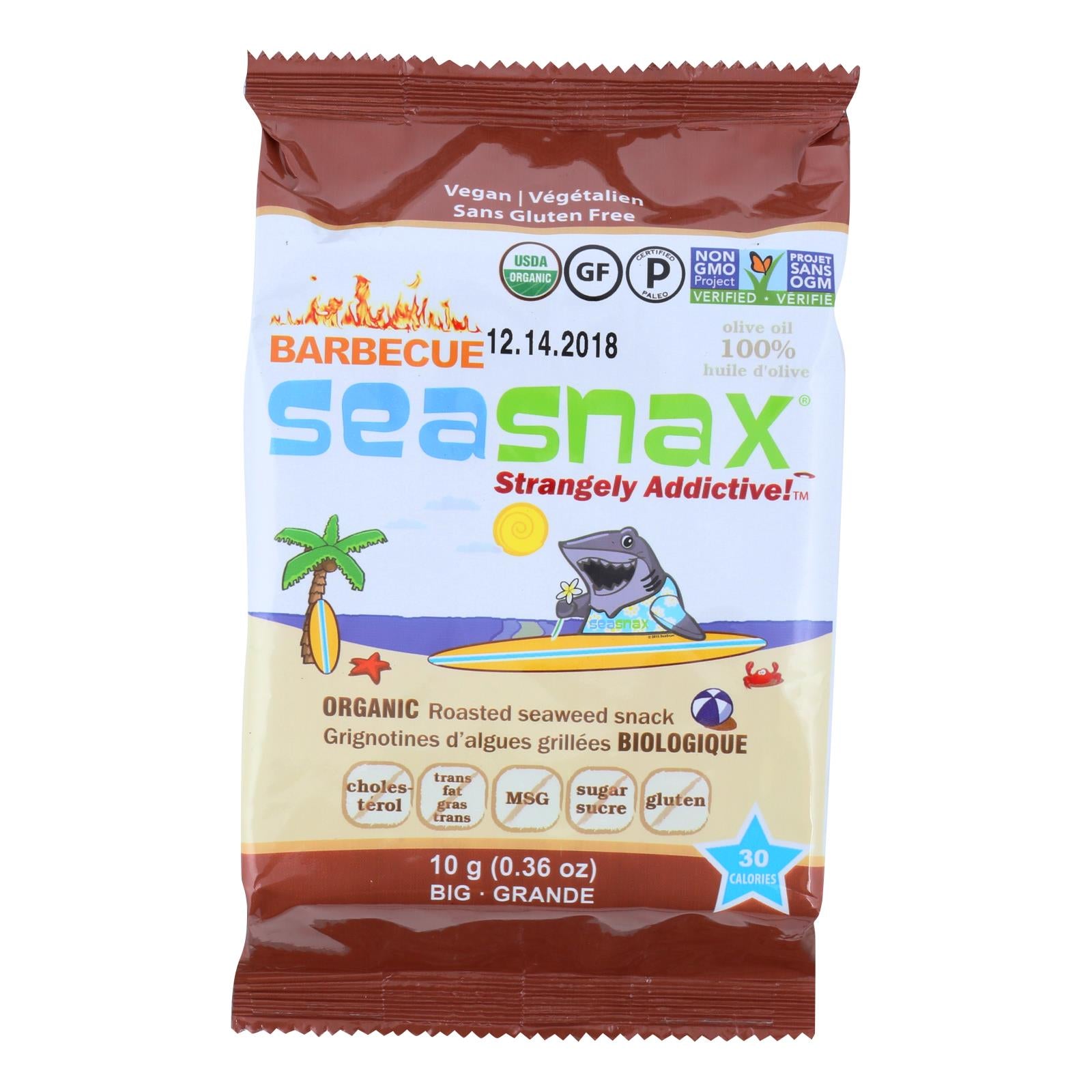 Seasnax Seaweed Snax - Organic - Bbq - Case Of 12 - .36 Oz