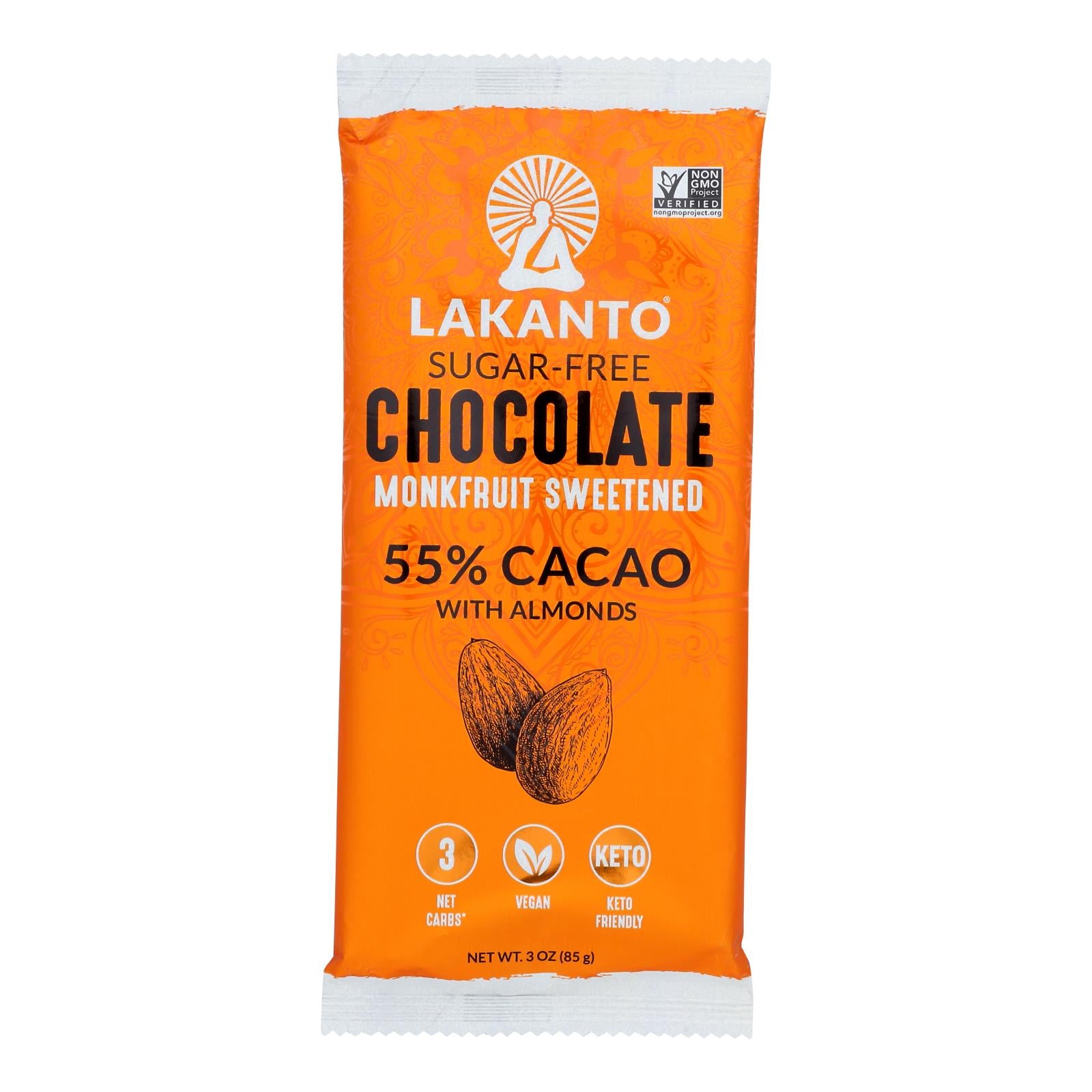 Lakanto - Monkfruit Sweetened Chocolate Bar - Dark Chocolate With Almonds - Case Of 8 - 3 Oz.