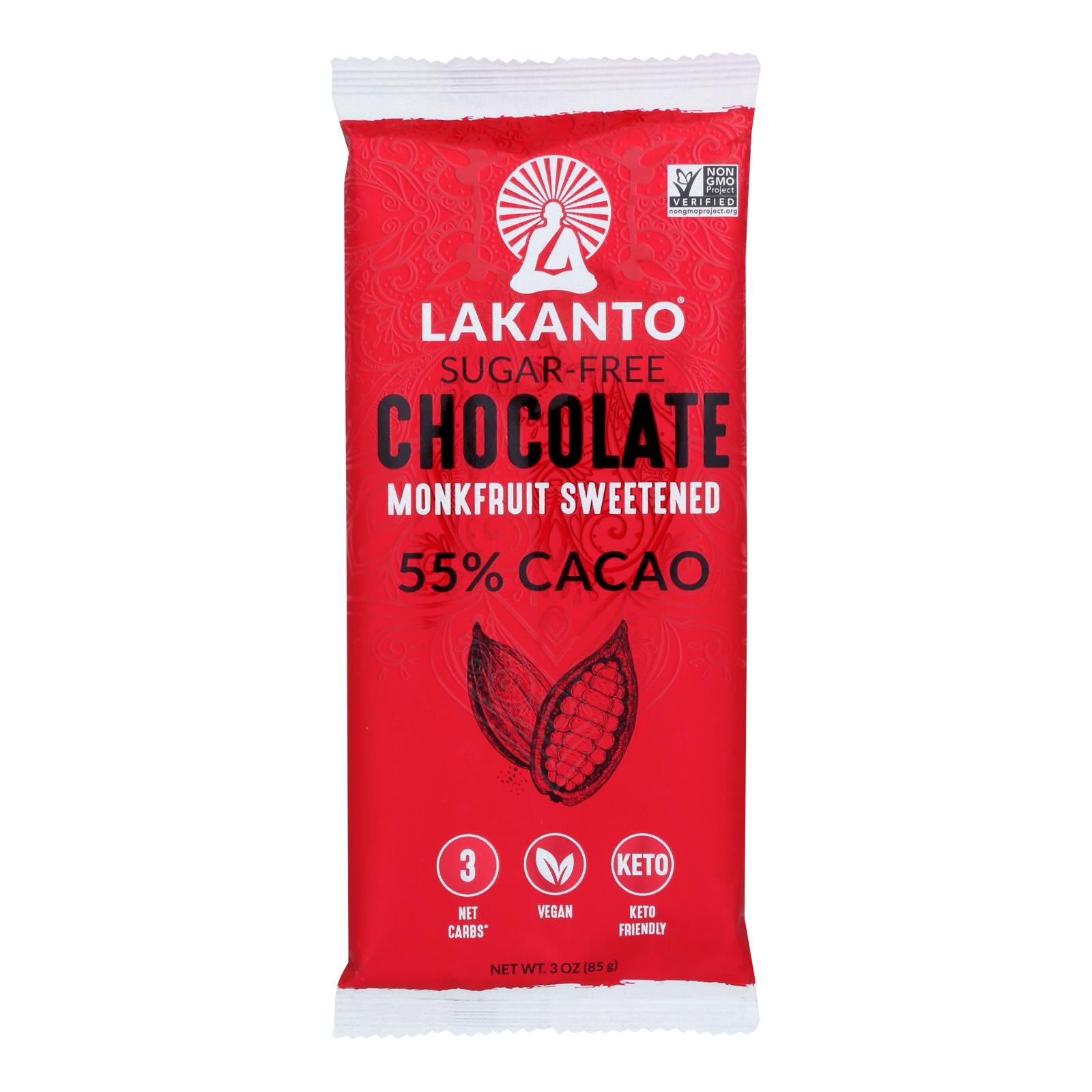 Lakanto - Monkfruit Sweetened Chocolate Bar - 55% Cocoa - Case Of 8 - 3 Oz.