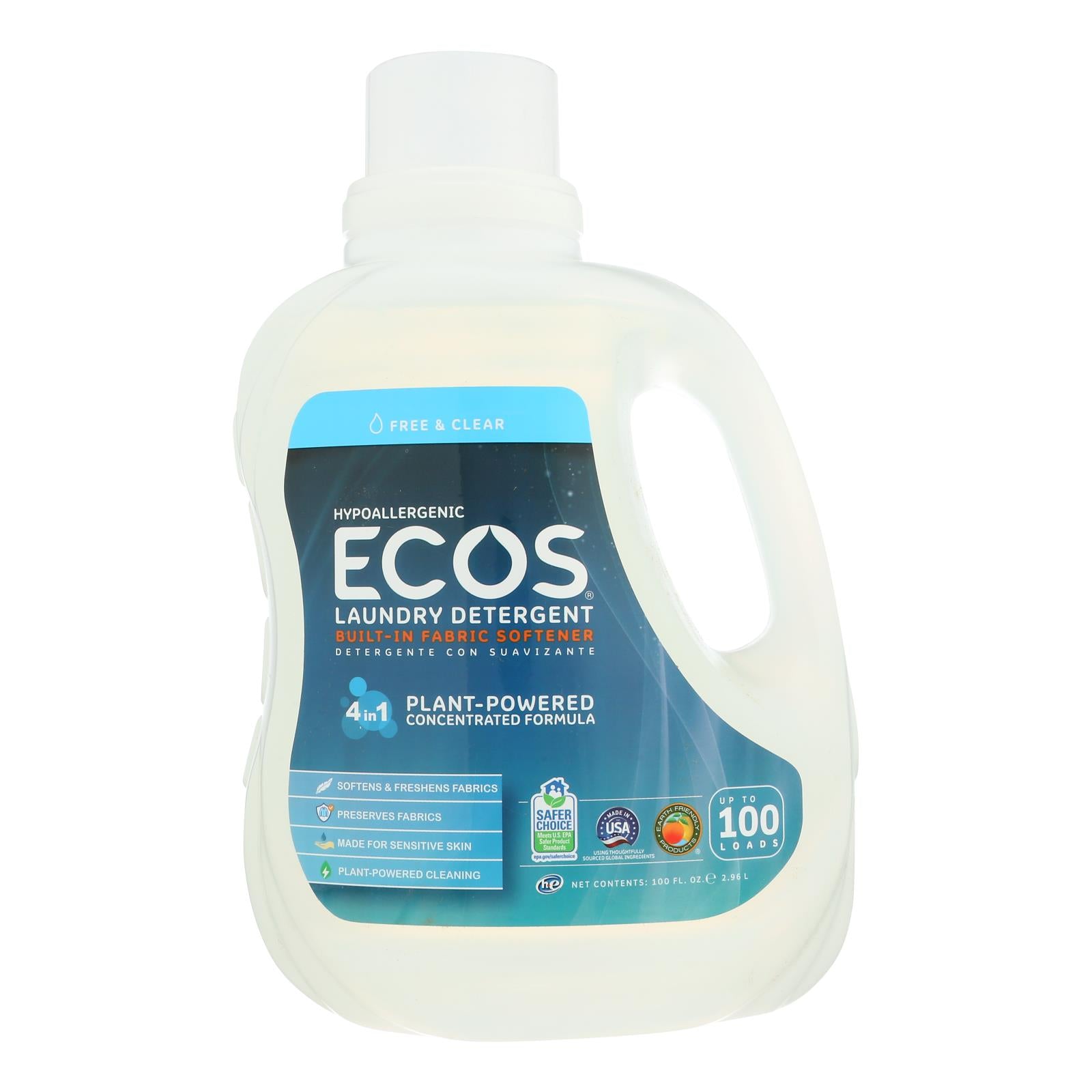 Earth Friendly Ecos Ultra 2x All Natural Laundry Detergent - Free And Clear - Case Of 4 - 100 Fl Oz