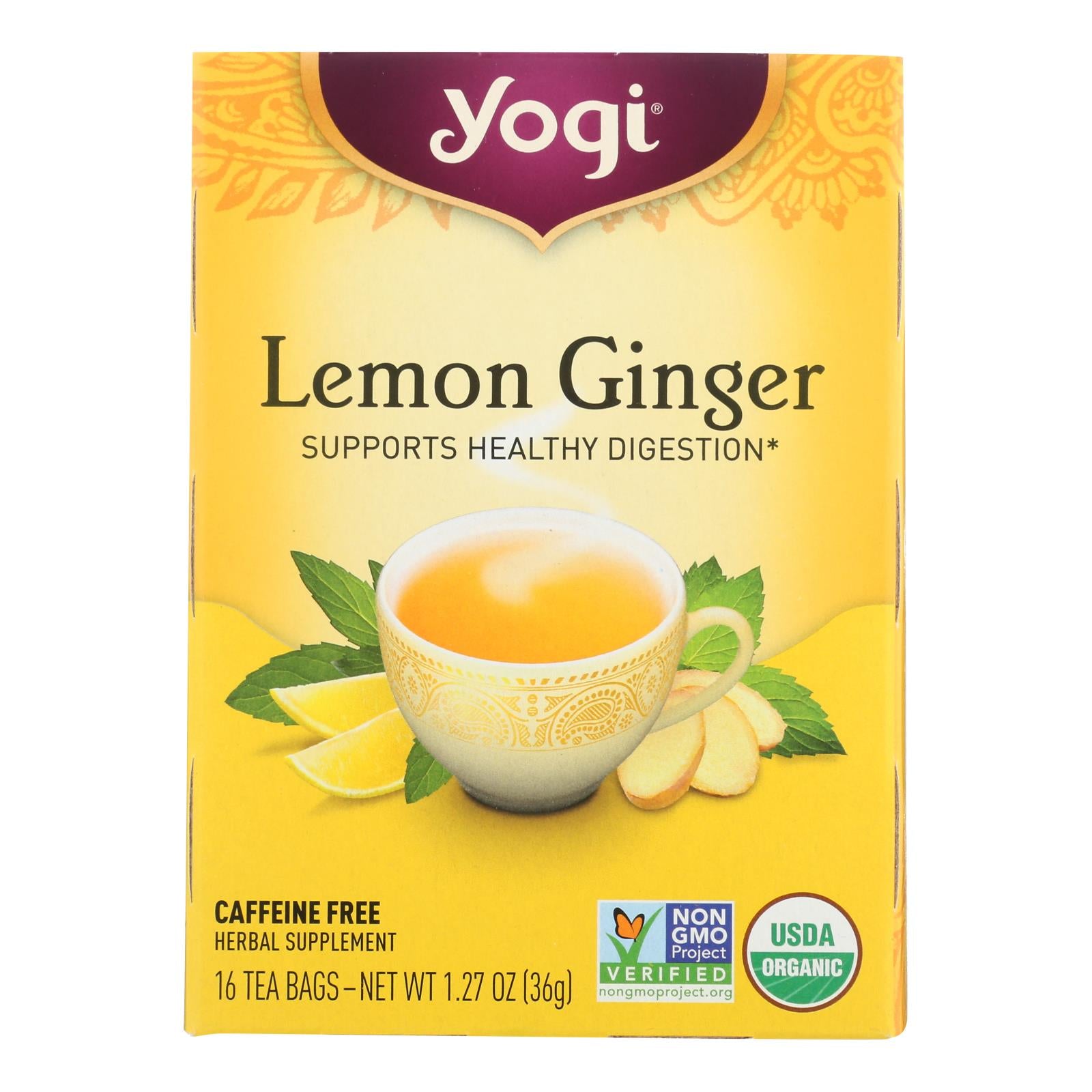 Yogi 100% Natural Herbal Tea Caffeine Free Lemon Ginger - 16 Tea Bags - Case Of 6