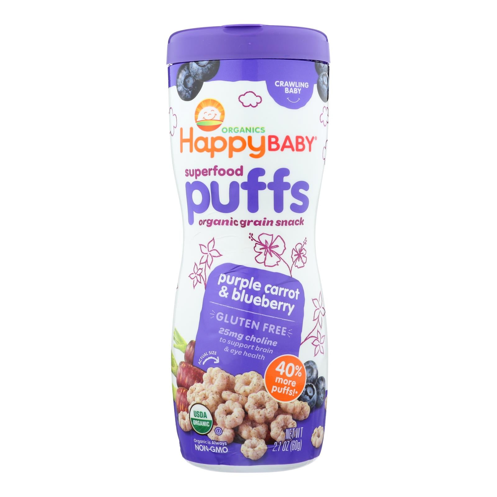 Happy Baby Happy Bites Puffs - Organic Happypuffs Purple Carrot And Blueberry - 2.1 Oz - Case Of 6