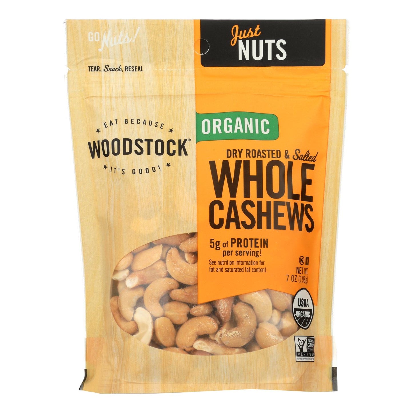 Woodstock Organic Whole Cashews, Dry Roasted And Salted - Case Of 8 - 7 Oz