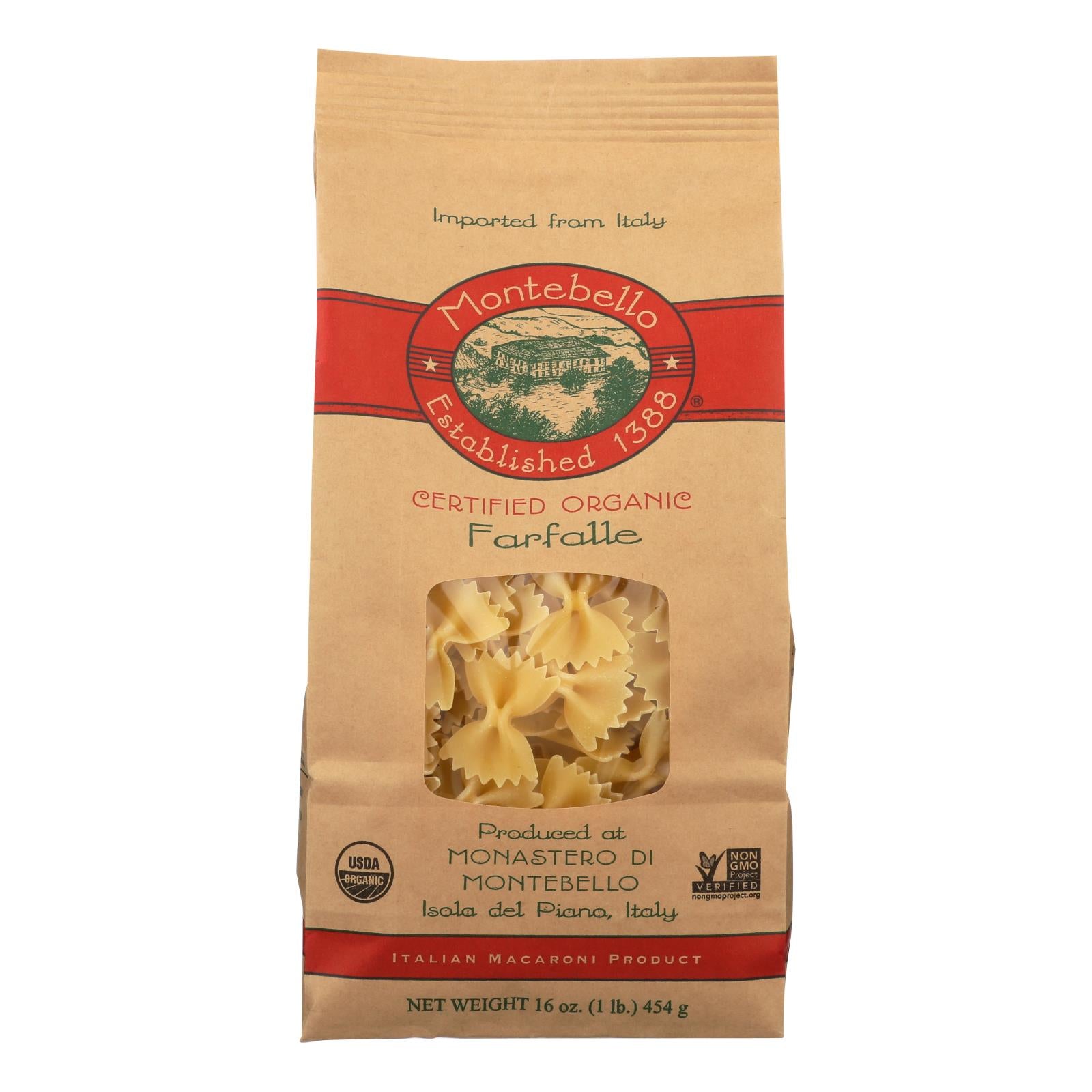 Montebello Organic Pasta - Farfalle - Case Of 12 - 1 Lb.