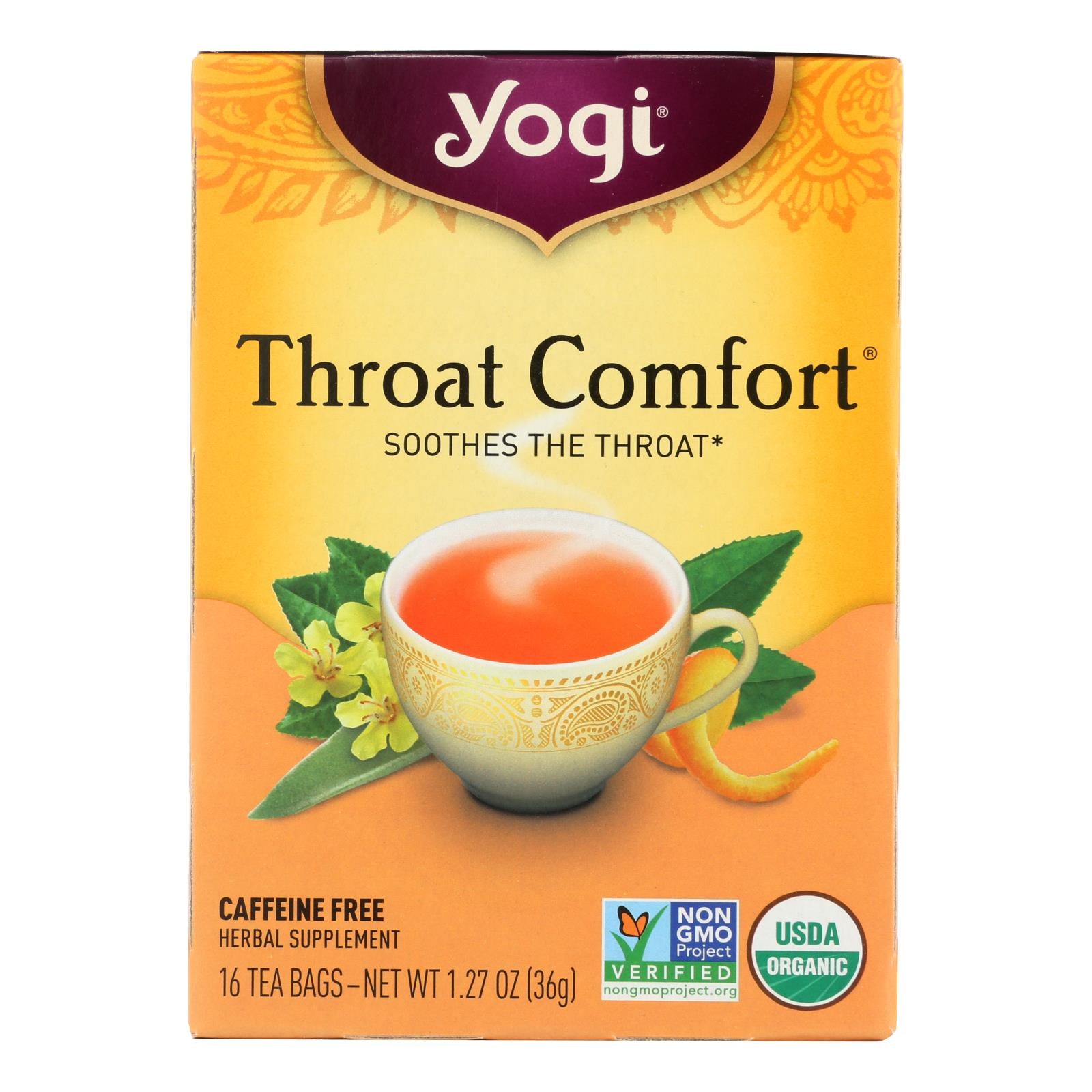 Yogi Organic Throat Comfort Herbal Tea Caffeine Free - 16 Tea Bags - Case Of 6